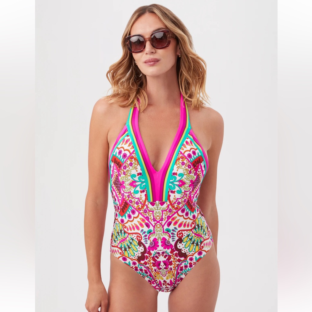 Trina Turk Hawaiian Garden Border Halter Plunge One Piece Swimsuit Size 6